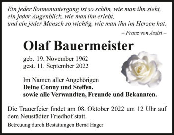 Traueranzeige von Olaf Bauermeister  von Magdeburger Volksstimme
