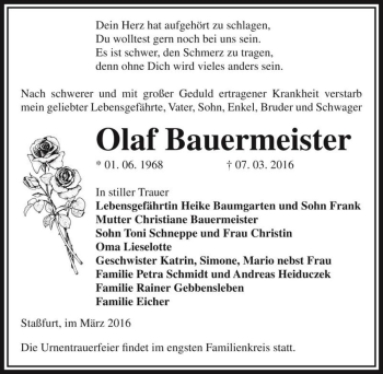 Traueranzeige von Olaf Bauermeister  von Magdeburger Volksstimme