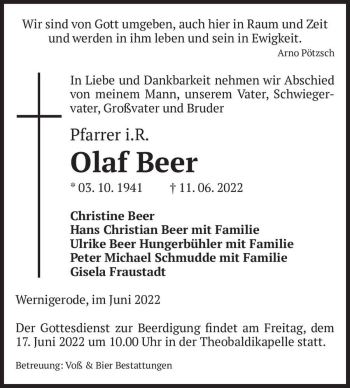 Traueranzeige von Olaf Beer  von Magdeburger Volksstimme