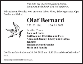 Traueranzeige von Olaf Bernard  von Magdeburger Volksstimme