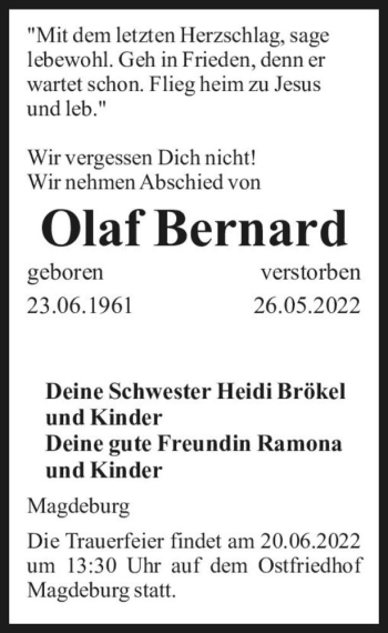 Traueranzeige von Olaf Bernard  von Magdeburger Volksstimme