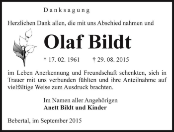 Traueranzeige von Olaf Bildt  von Magdeburger Volksstimme