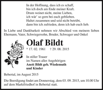 Traueranzeige von Olaf Bildt  von Magdeburger Volksstimme