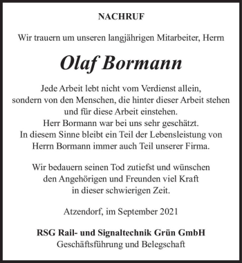 Traueranzeige von Olaf Bormann  von Magdeburger Volksstimme