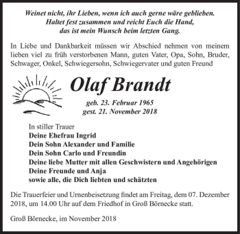 Traueranzeige von Olaf Brandt  von Magdeburger Volksstimme