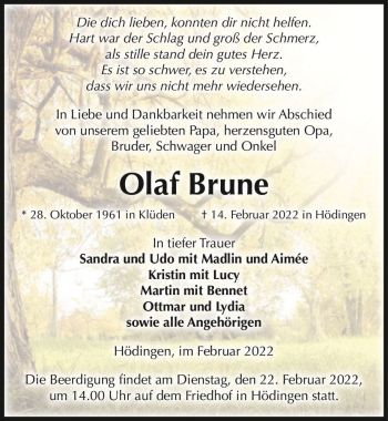 Traueranzeige von Olaf Brune  von Magdeburger Volksstimme