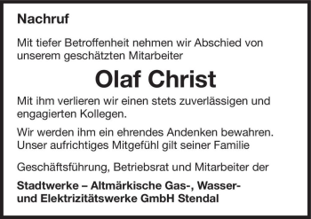 Traueranzeige von Olaf Christ  von Magdeburger Volksstimme