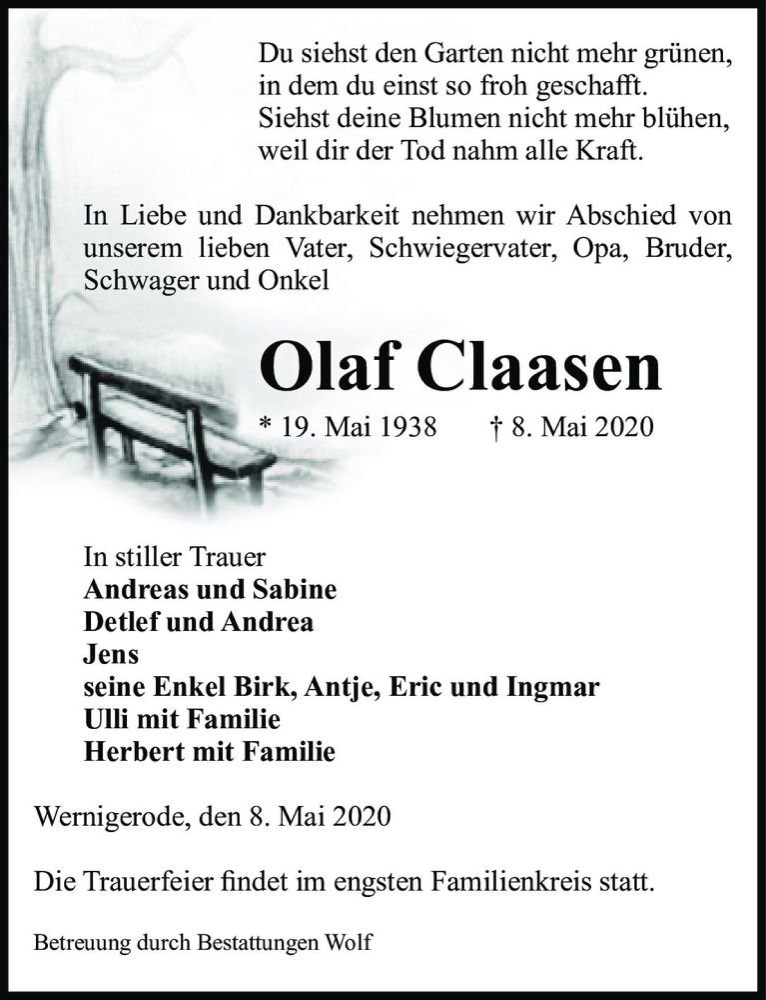  Traueranzeige für Olaf Claasen  vom 16.05.2020 aus Magdeburger Volksstimme