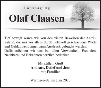 Traueranzeige von Olaf Claasen  von Magdeburger Volksstimme