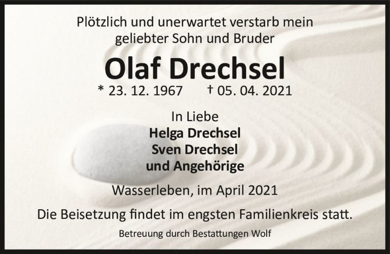  Traueranzeige für Olaf Drechsel  vom 17.04.2021 aus Magdeburger Volksstimme