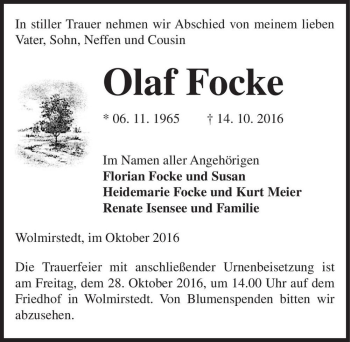 Traueranzeige von Olaf Focke  von Magdeburger Volksstimme
