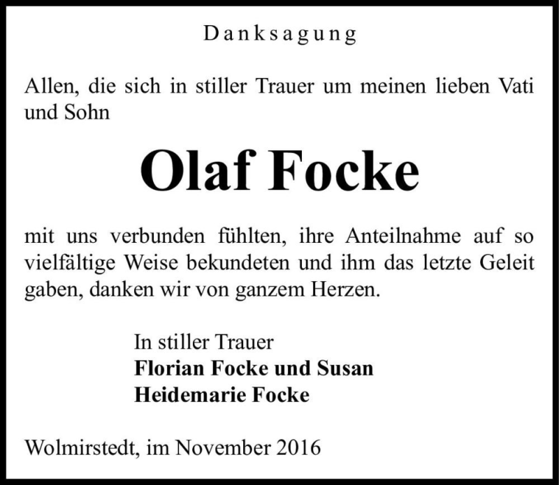  Traueranzeige für Olaf Focke  vom 04.11.2016 aus Magdeburger Volksstimme