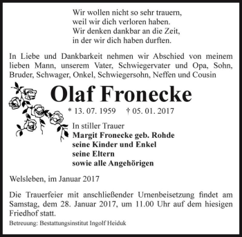 Traueranzeige von Olaf Fronecke  von Magdeburger Volksstimme