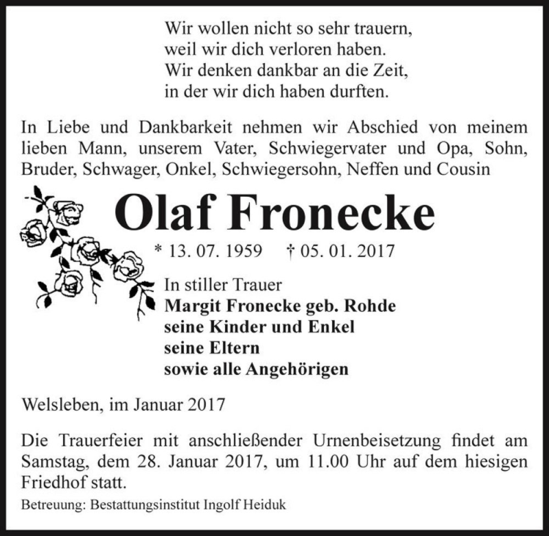 Traueranzeige für Olaf Fronecke  vom 14.01.2017 aus Magdeburger Volksstimme