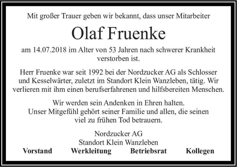  Traueranzeige für Olaf Fruenke  vom 28.07.2018 aus Magdeburger Volksstimme