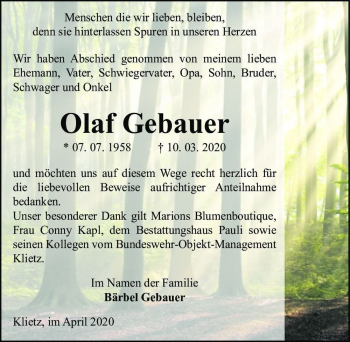 Traueranzeige von Olaf Gebauer  von Magdeburger Volksstimme