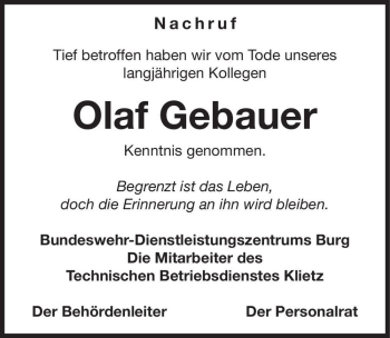Traueranzeige von Olaf Gebauer  von Magdeburger Volksstimme