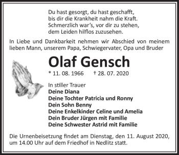 Traueranzeige von Olaf Gensch  von Magdeburger Volksstimme