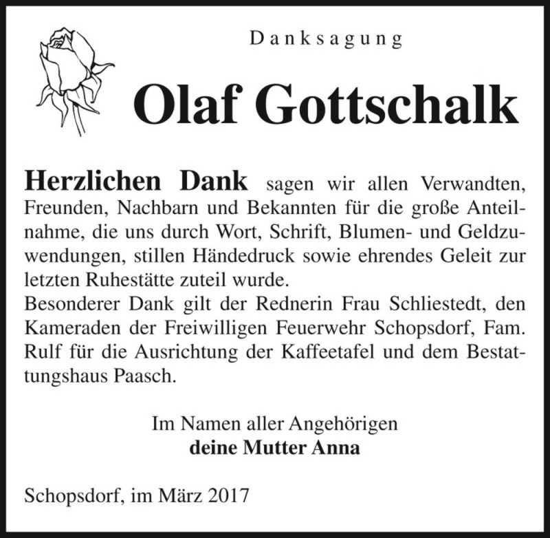  Traueranzeige für Olaf Gottschalk  vom 25.03.2017 aus Magdeburger Volksstimme