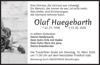 Traueranzeige von Olaf Haegebarth  von Magdeburger Volksstimme