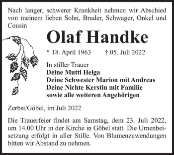 Traueranzeige von Olaf Handke  von Magdeburger Volksstimme