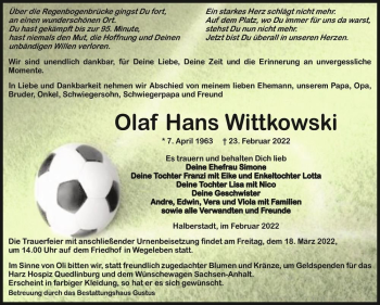 Traueranzeige von Olaf Hans Wittkowski  von Magdeburger Volksstimme
