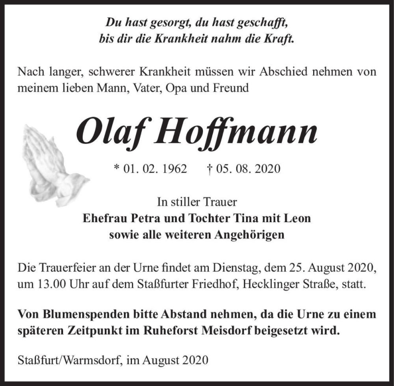  Traueranzeige für Olaf Hoffmann  vom 15.08.2020 aus Magdeburger Volksstimme