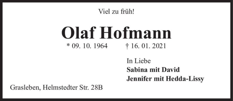  Traueranzeige für Olaf Hofmann  vom 20.01.2021 aus Magdeburger Volksstimme