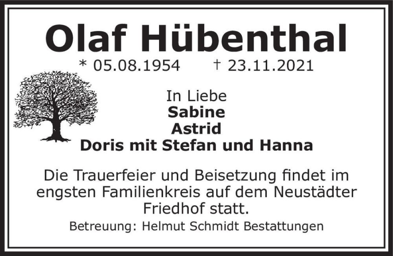  Traueranzeige für Olaf Hübenthal  vom 27.11.2021 aus Magdeburger Volksstimme