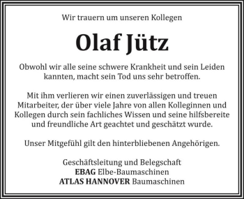 Traueranzeige von Olaf Jütz  von Magdeburger Volksstimme