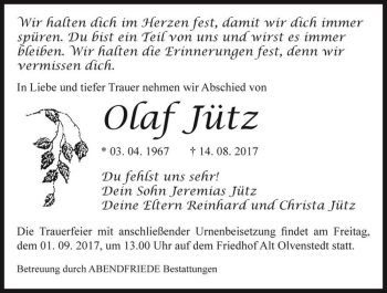 Traueranzeige von Olaf Jütz  von Magdeburger Volksstimme