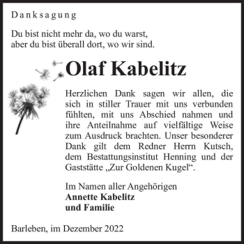 Traueranzeige von Olaf Kabelitz  von Magdeburger Volksstimme