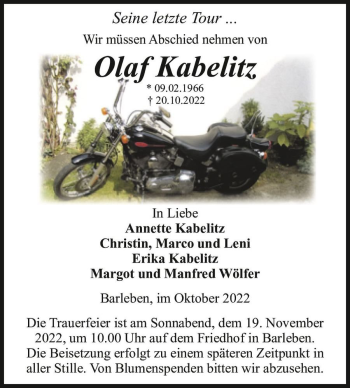 Traueranzeige von Olaf Kabelitz  von Magdeburger Volksstimme
