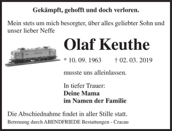 Traueranzeige von Olaf Keuthe  von Magdeburger Volksstimme