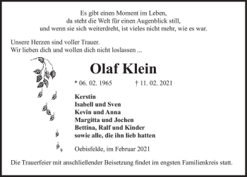 Traueranzeige von Olaf Klein  von Magdeburger Volksstimme