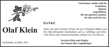 Traueranzeige von Olaf Klein  von Magdeburger Volksstimme