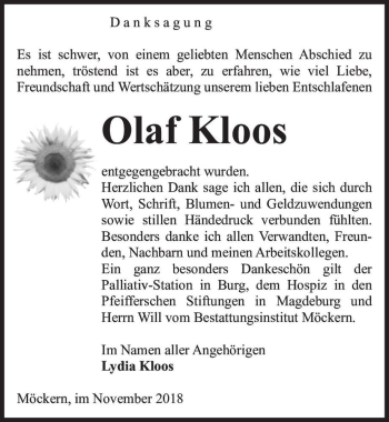 Traueranzeige von Olaf Kloos  von Magdeburger Volksstimme