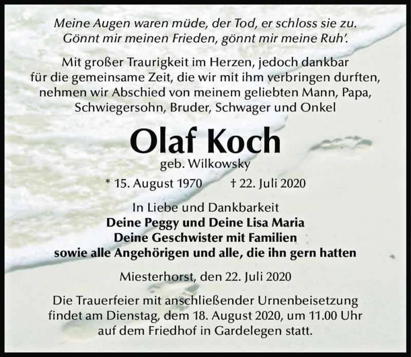  Traueranzeige für Olaf Koch (geb. Wilkowsky)  vom 25.07.2020 aus Magdeburger Volksstimme