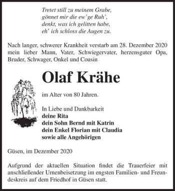 Traueranzeige von Olaf Krähe  von Magdeburger Volksstimme