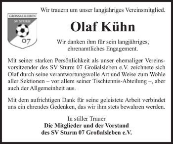Traueranzeige von Olaf Kühn  von Magdeburger Volksstimme