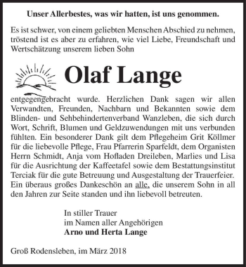 Traueranzeige von Olaf Lange  von Magdeburger Volksstimme