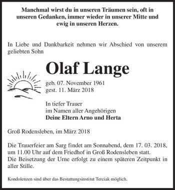 Traueranzeige von Olaf Lange  von Magdeburger Volksstimme