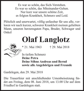 Traueranzeige von Olaf Langlotz  von Magdeburger Volksstimme