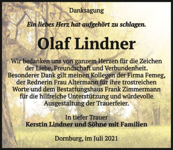 Traueranzeige von Olaf Lindner  von Magdeburger Volksstimme