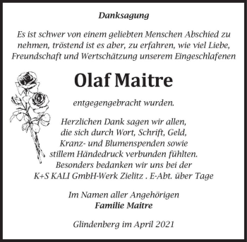 Traueranzeige von Olaf Maitre  von Magdeburger Volksstimme
