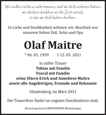 Traueranzeige von Olaf Maitre  von Magdeburger Volksstimme