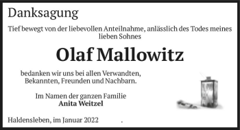 Traueranzeige von Olaf Mallowitz  von Magdeburger Volksstimme