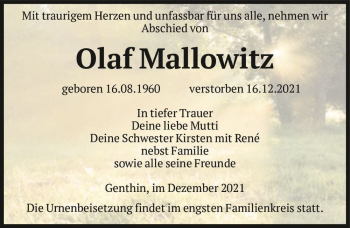 Traueranzeige von Olaf Mallowitz  von Magdeburger Volksstimme