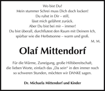 Traueranzeige von Olaf Mittendorf  von Magdeburger Volksstimme