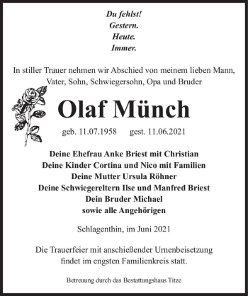 Traueranzeige von Olaf Münch  von Magdeburger Volksstimme